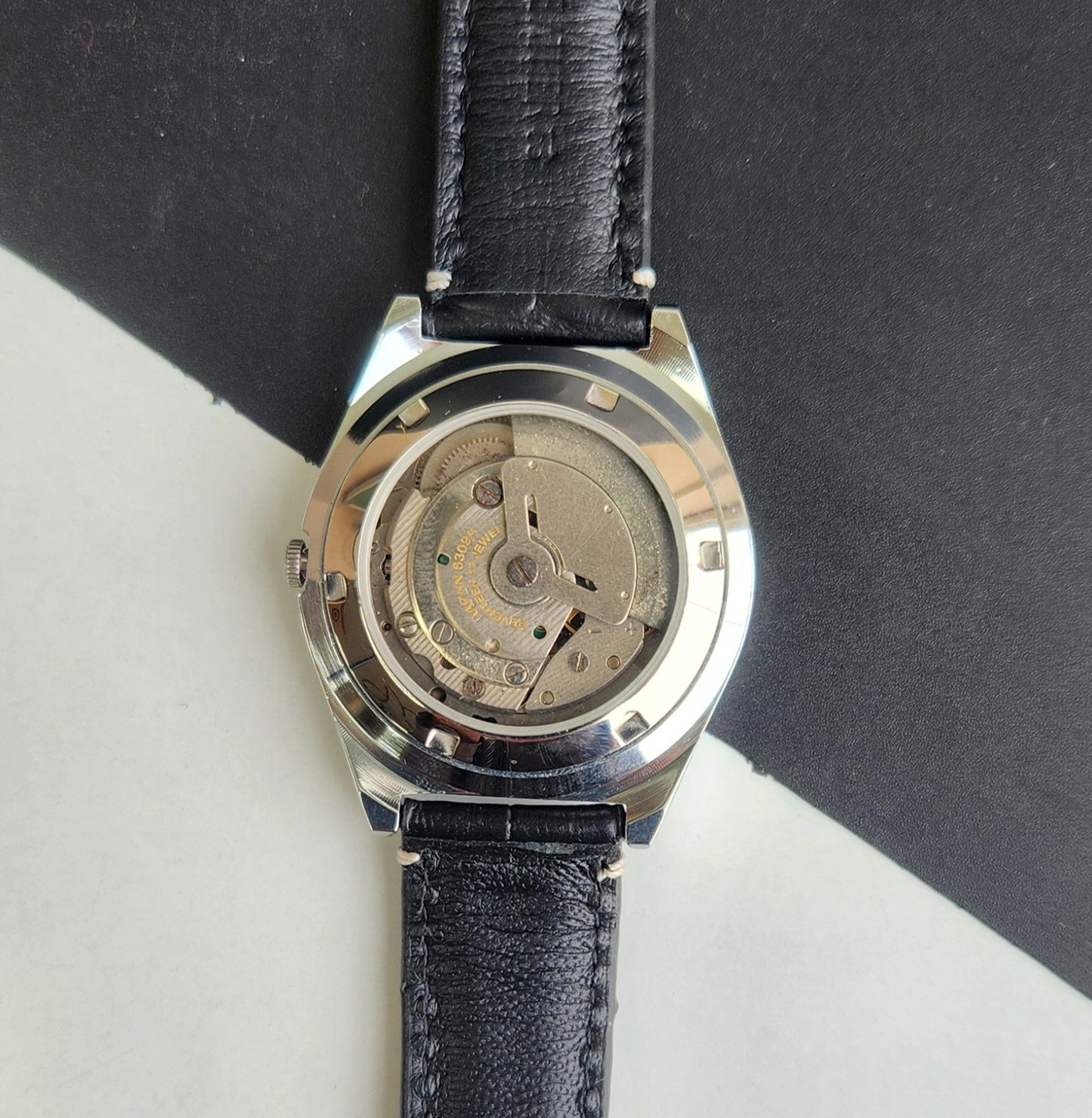 Vintage Mod Seiko 5 Automatic 6309A 17 Jewels Japan Men's Day-Date Black Face Wrist Watch E70