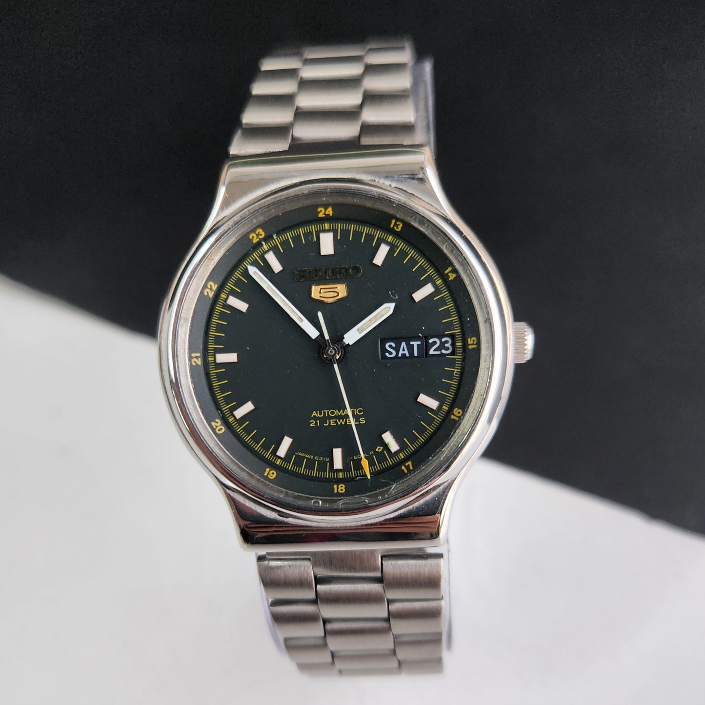 Vintage 1985 Original Seiko 5 Automatic 6319-606A Black Face 21 Jewels Day-Date Japanese Men's Wrist Watch EG09