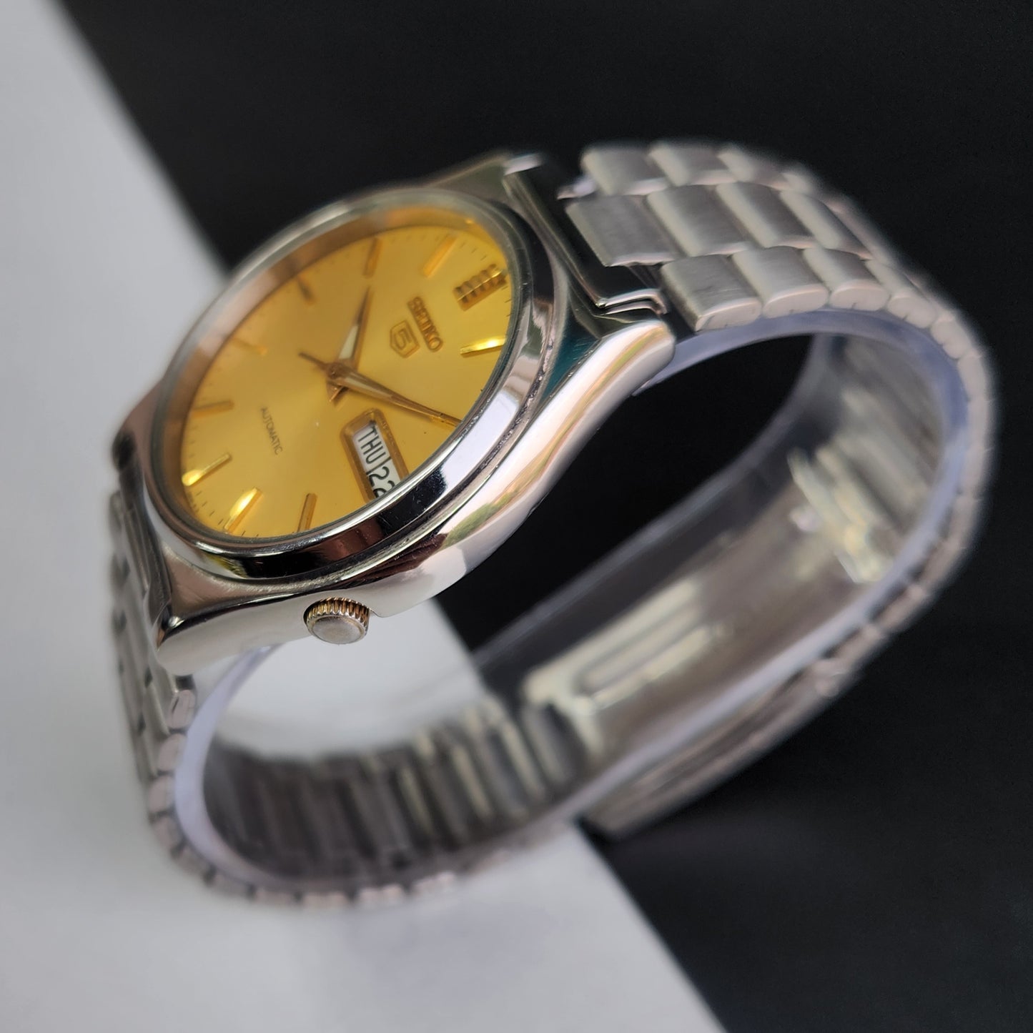 Vintage 1996 Original Seiko 5 Automatic 7S26-3160 Golden Face 21 Jewels Day-Date Japanese Men's Wrist Watch EG11