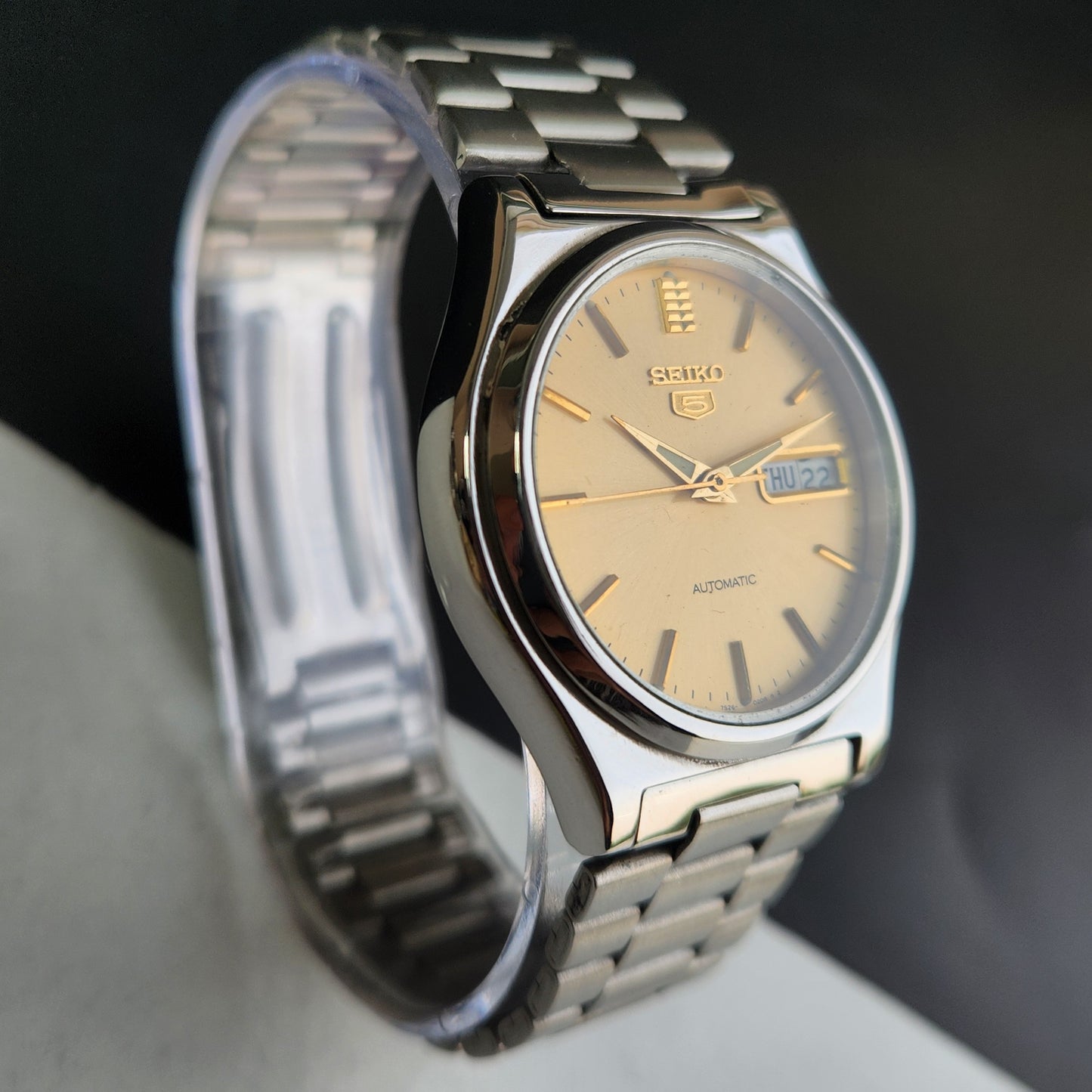 Vintage 1996 Original Seiko 5 Automatic 7S26-3160 Golden Face 21 Jewels Day-Date Japanese Men's Wrist Watch EG11