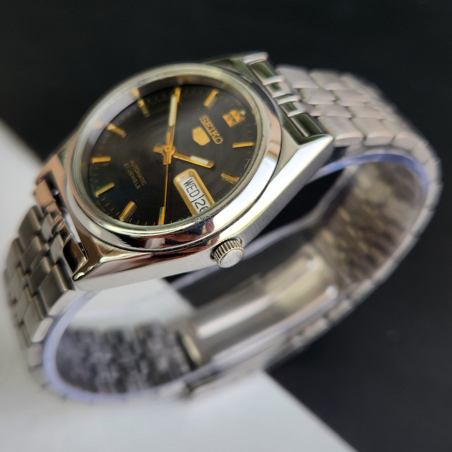 Vintage 1998 Original Seiko 5 Automatic 7S26-0070 Black Face 21 Jewels Day-Date Japanese Men's Wrist Watch EG15