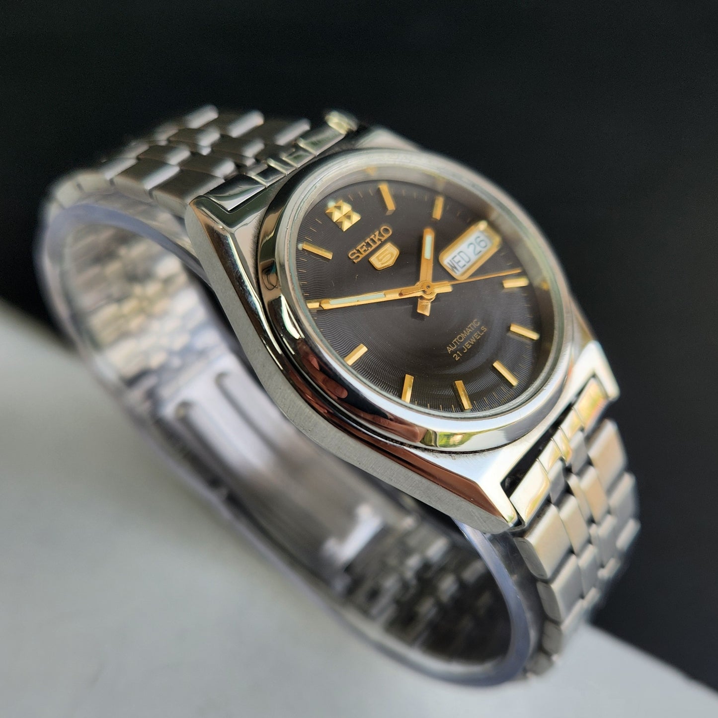 Vintage 1998 Original Seiko 5 Automatic 7S26-0070 Black Face 21 Jewels Day-Date Japanese Men's Wrist Watch EG15
