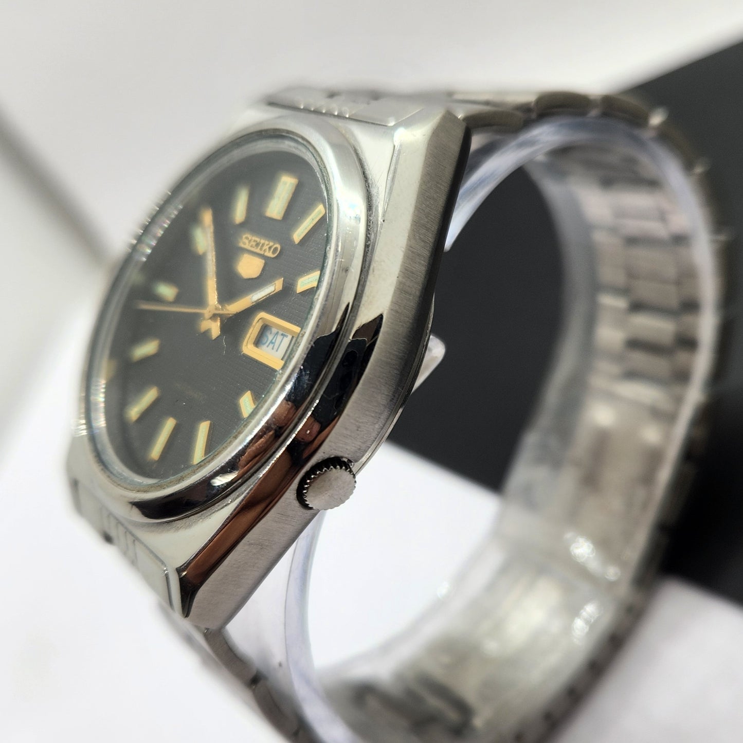 Vintage 1977 Original Seiko 5 Automatic 7009-8761 Black Face 17 Jewels Day-Date Japanese Men's Wrist Watch EG21