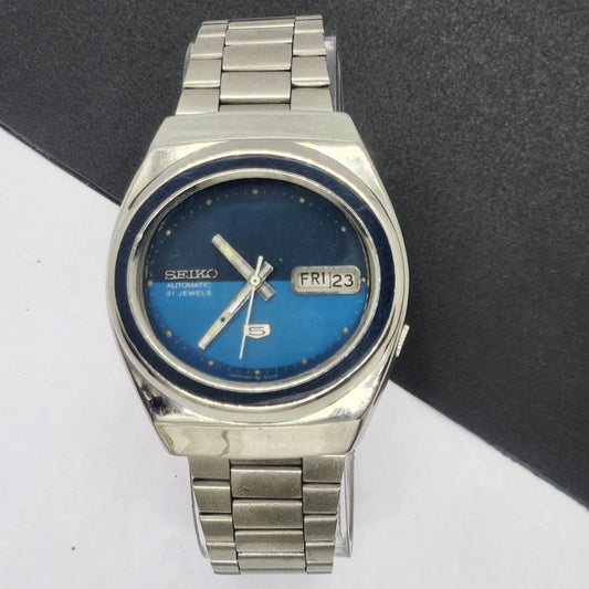Vintage 1974 Original Seiko 5 Automatic 7019-7340 Blue Face 21 Jewels Day-Date Japanese Men's Wrist Watch EG23