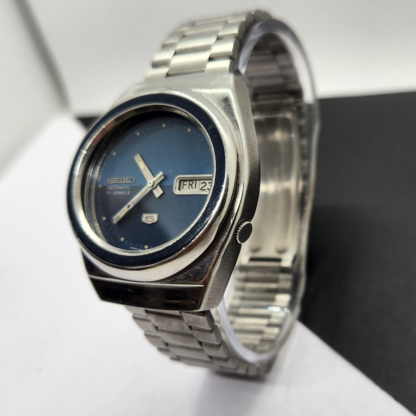 Vintage 1974 Original Seiko 5 Automatic 7019-7340 Blue Face 21 Jewels Day-Date Japanese Men's Wrist Watch EG23