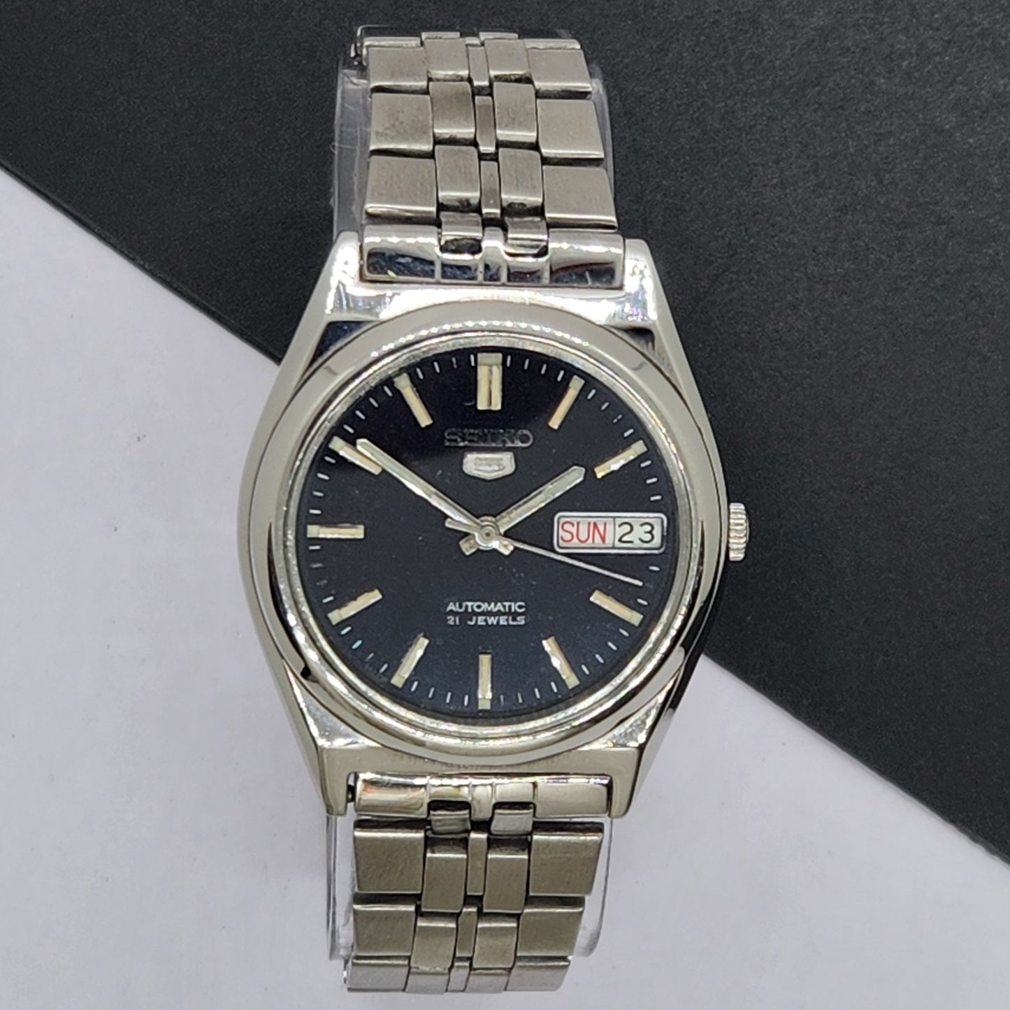 Vintage 1997 Original Seiko 5 Automatic 7S26-0070 Black Face 21 Jewels Day-Date Japanese Men's Wrist Watch EG24