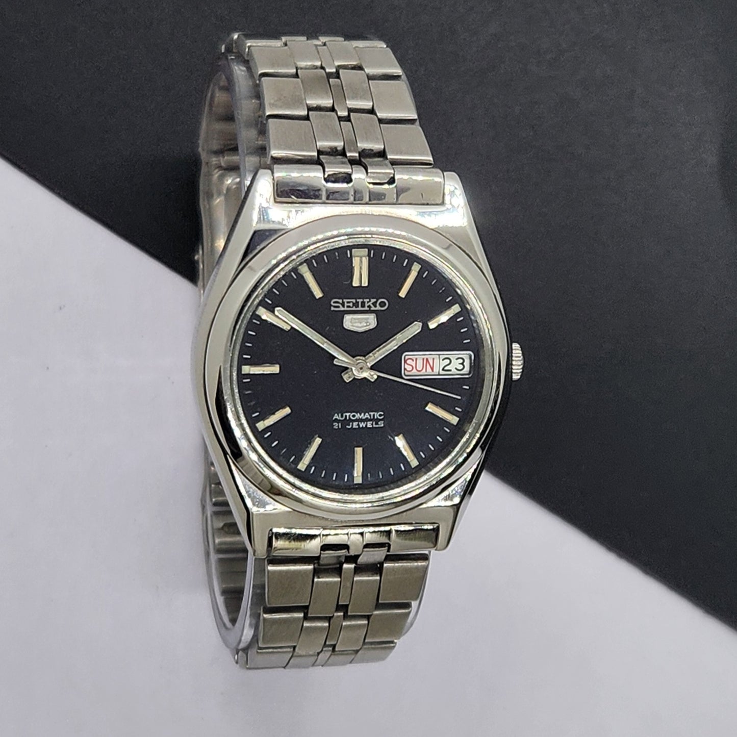 Vintage 1997 Original Seiko 5 Automatic 7S26-0070 Black Face 21 Jewels Day-Date Japanese Men's Wrist Watch EG24