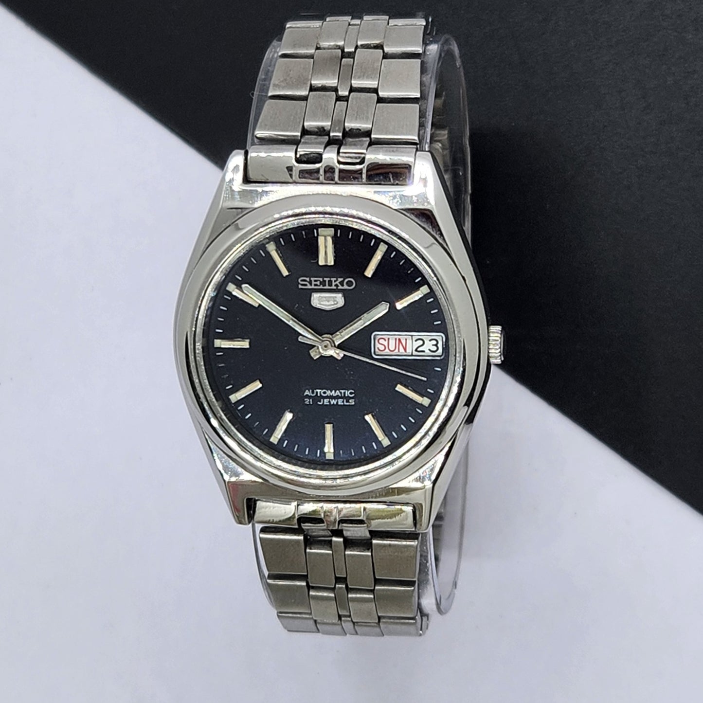 Vintage 1997 Original Seiko 5 Automatic 7S26-0070 Black Face 21 Jewels Day-Date Japanese Men's Wrist Watch EG24