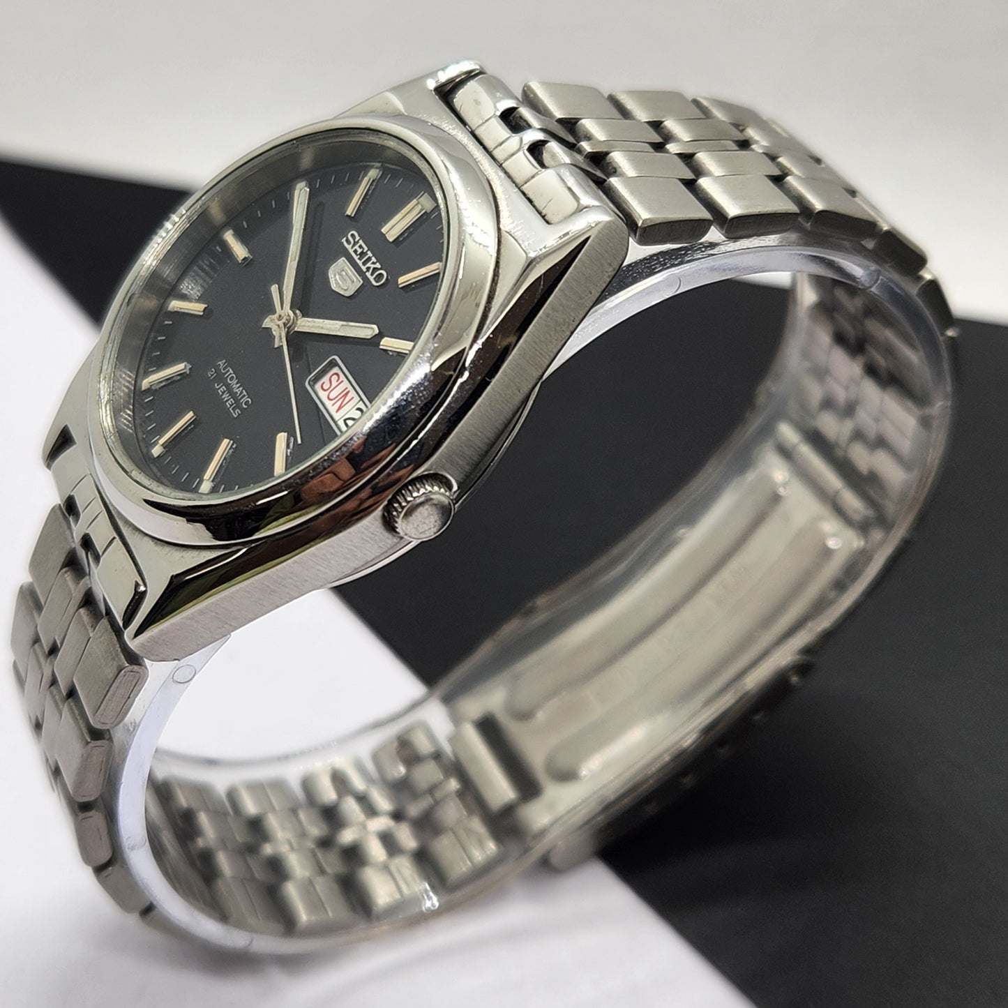 Vintage 1997 Original Seiko 5 Automatic 7S26-0070 Black Face 21 Jewels Day-Date Japanese Men's Wrist Watch EG24