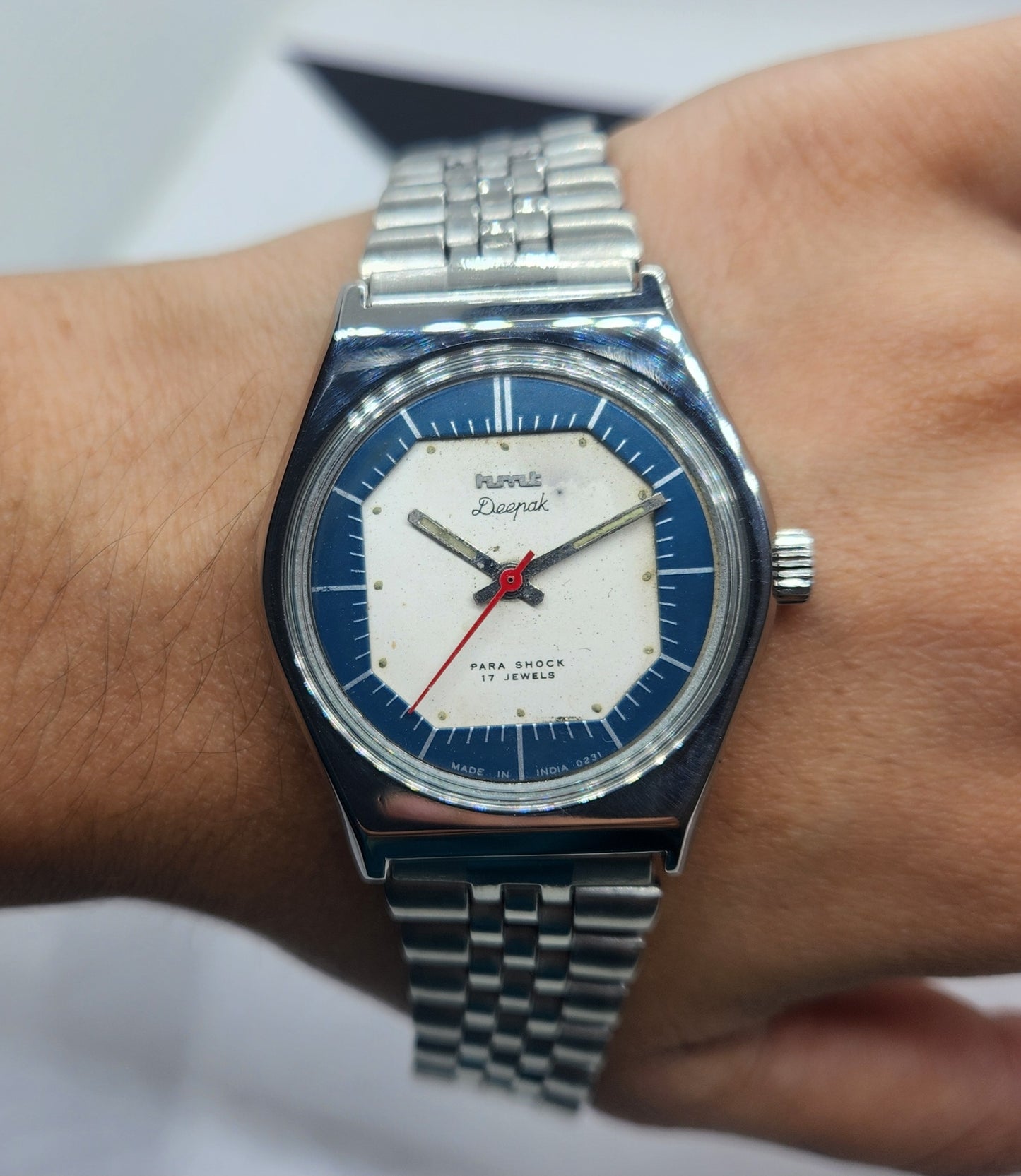 Vintage Original HMT Deepak Hand Winding 17 Jewels White Face Silver Band Men's Wrist Watch F03