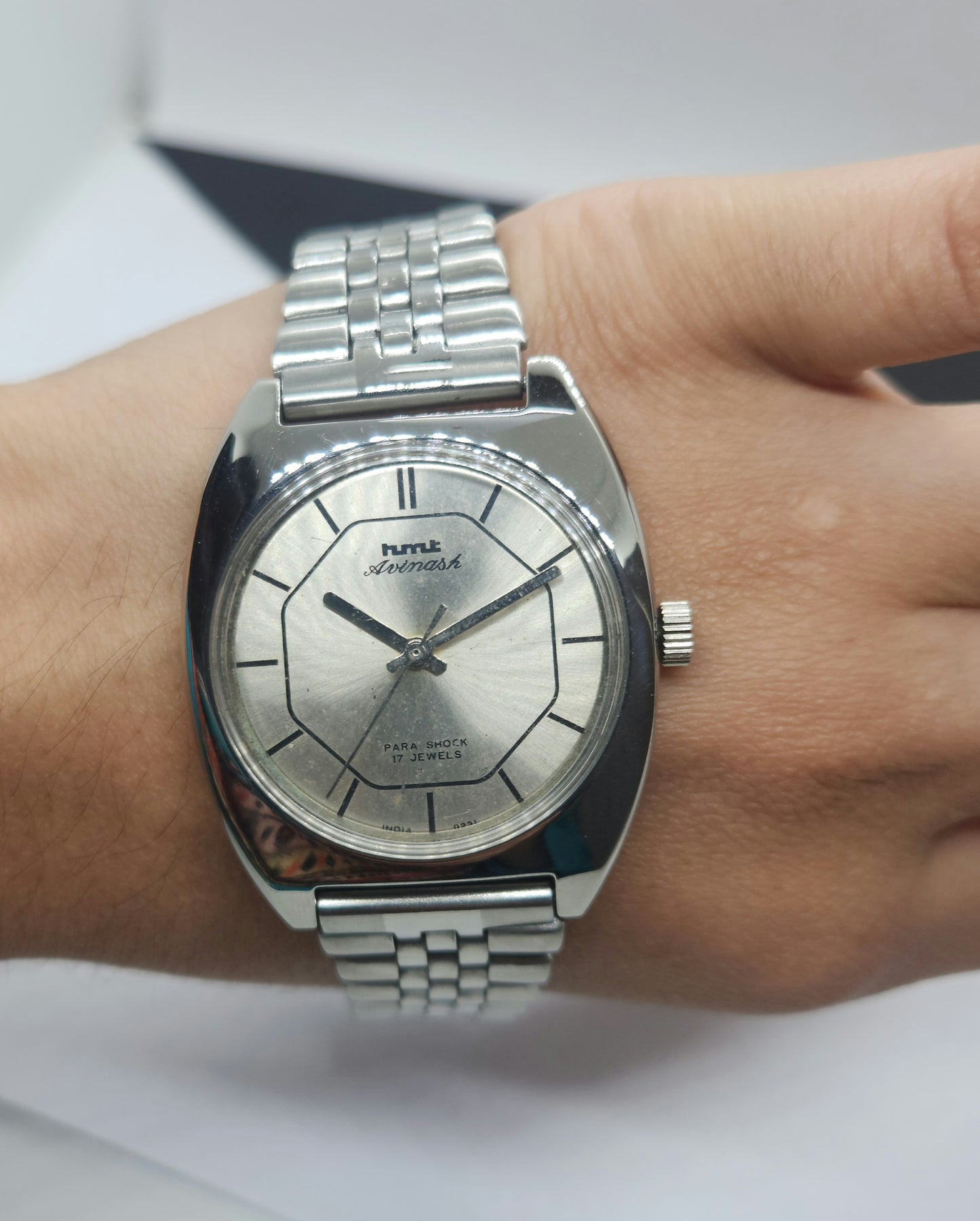 Vintage Original HMT Avinash Hand Winding 17 Jewels Silver Face Silver Band Men's Wrist Watch F06