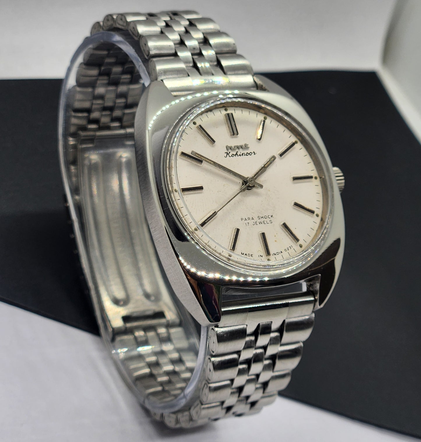 Vintage Original HMT Kohinoor Hand Winding 17 Jewels White Face Silver Bracelet Men's Wrist Watch F08