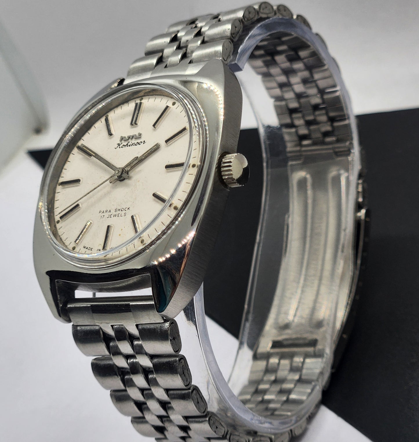 Vintage Original HMT Kohinoor Hand Winding 17 Jewels White Face Silver Bracelet Men's Wrist Watch F08