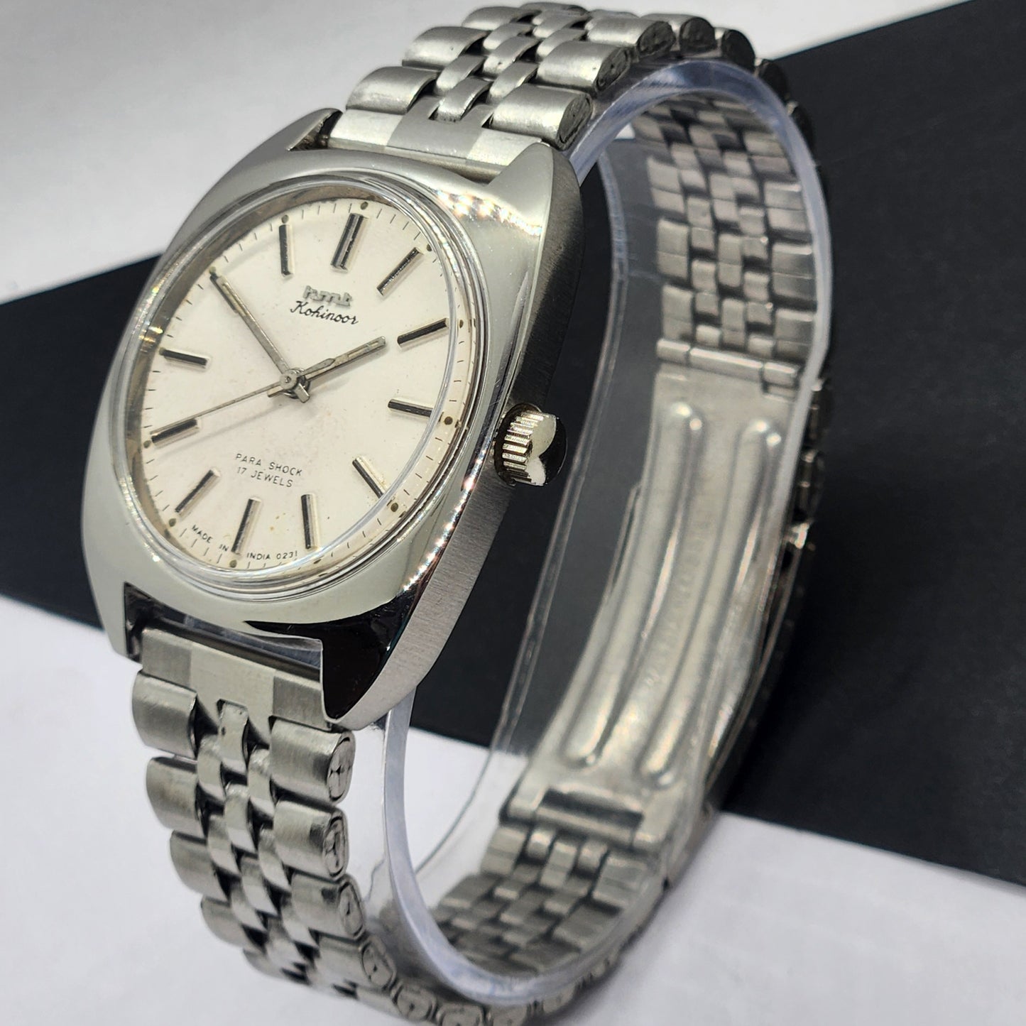 Vintage Original HMT Kohinoor Hand Winding 17 Jewels White Face Silver Bracelet Men's Wrist Watch F08