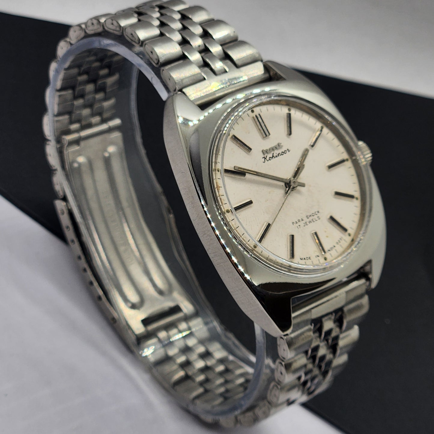 Vintage Original HMT Kohinoor Hand Winding 17 Jewels White Face Silver Bracelet Men's Wrist Watch F08