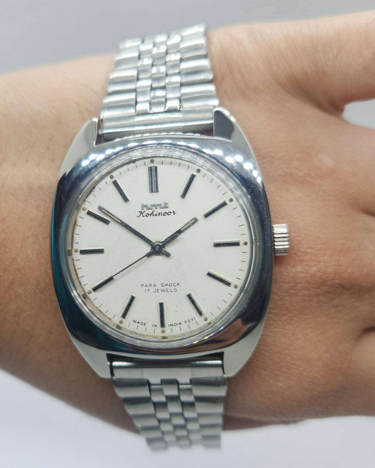 Vintage Original HMT Kohinoor Hand Winding 17 Jewels White Face Silver Bracelet Men's Wrist Watch F08