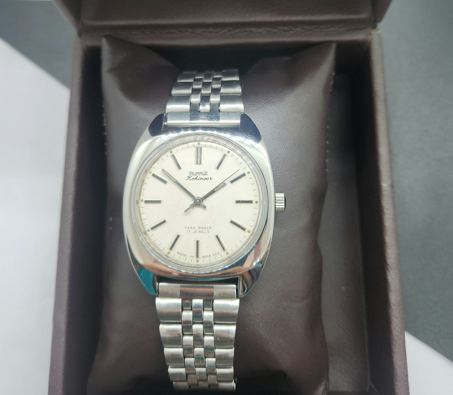 Vintage Original HMT Kohinoor Hand Winding 17 Jewels White Face Silver Bracelet Men's Wrist Watch F08