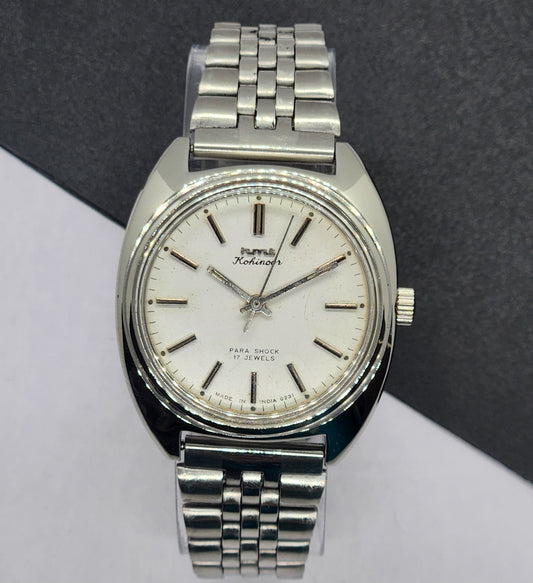Vintage Original HMT Kohinoor Hand Winding 17 Jewels White Face Silver Bracelet Men's Wrist Watch F11