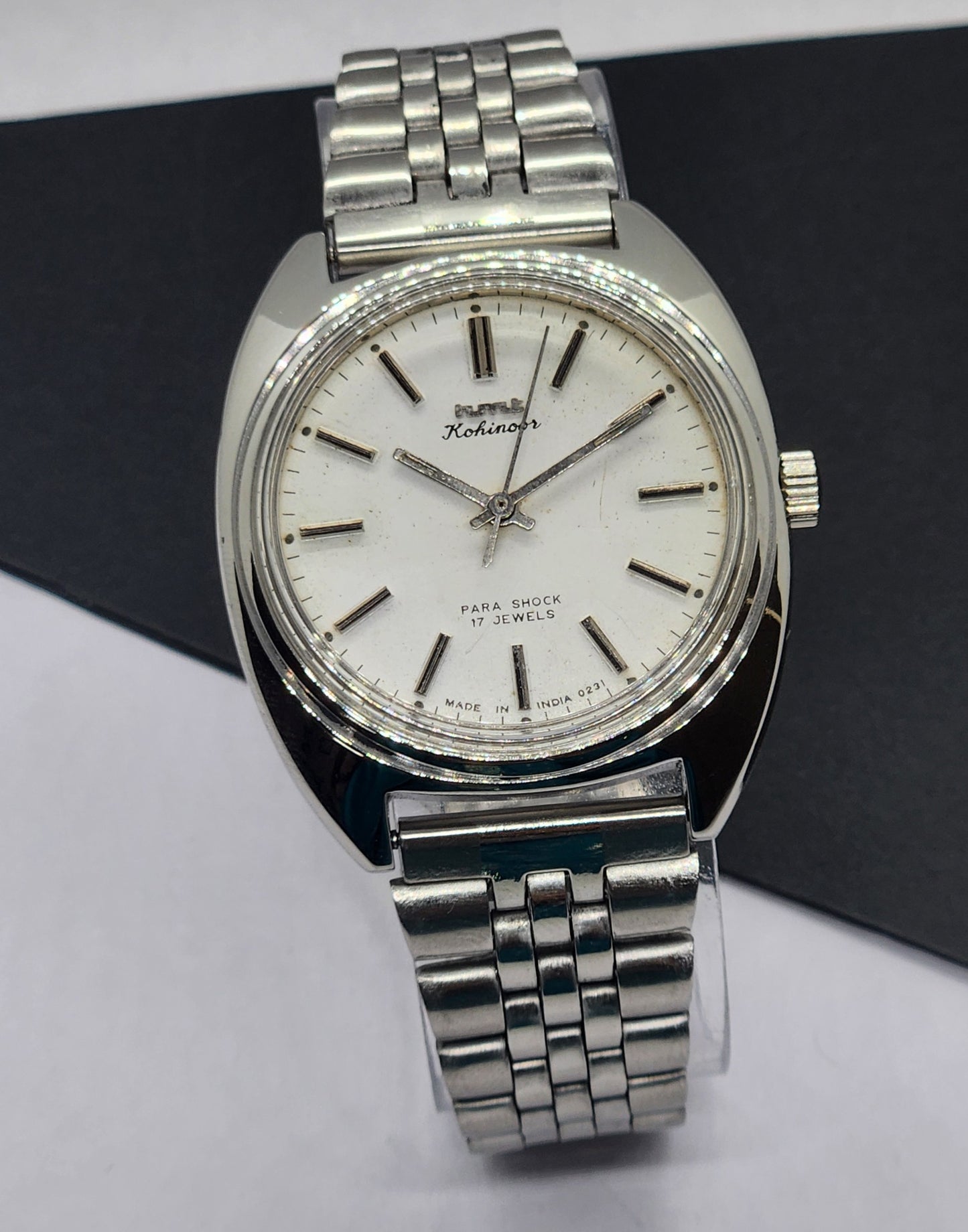 Vintage Original HMT Kohinoor Hand Winding 17 Jewels White Face Silver Bracelet Men's Wrist Watch F11