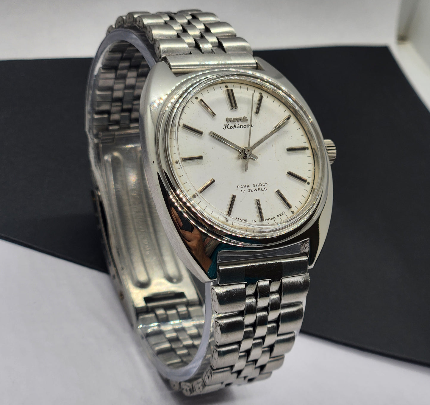 Vintage Original HMT Kohinoor Hand Winding 17 Jewels White Face Silver Bracelet Men's Wrist Watch F11