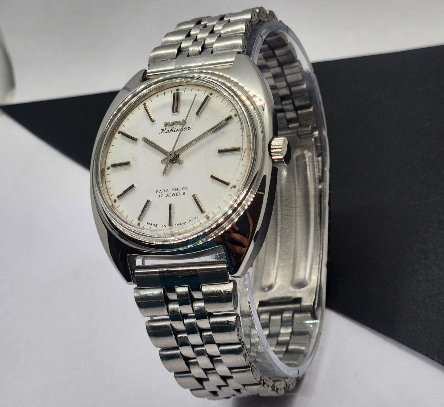Vintage Original HMT Kohinoor Hand Winding 17 Jewels White Face Silver Bracelet Men's Wrist Watch F11