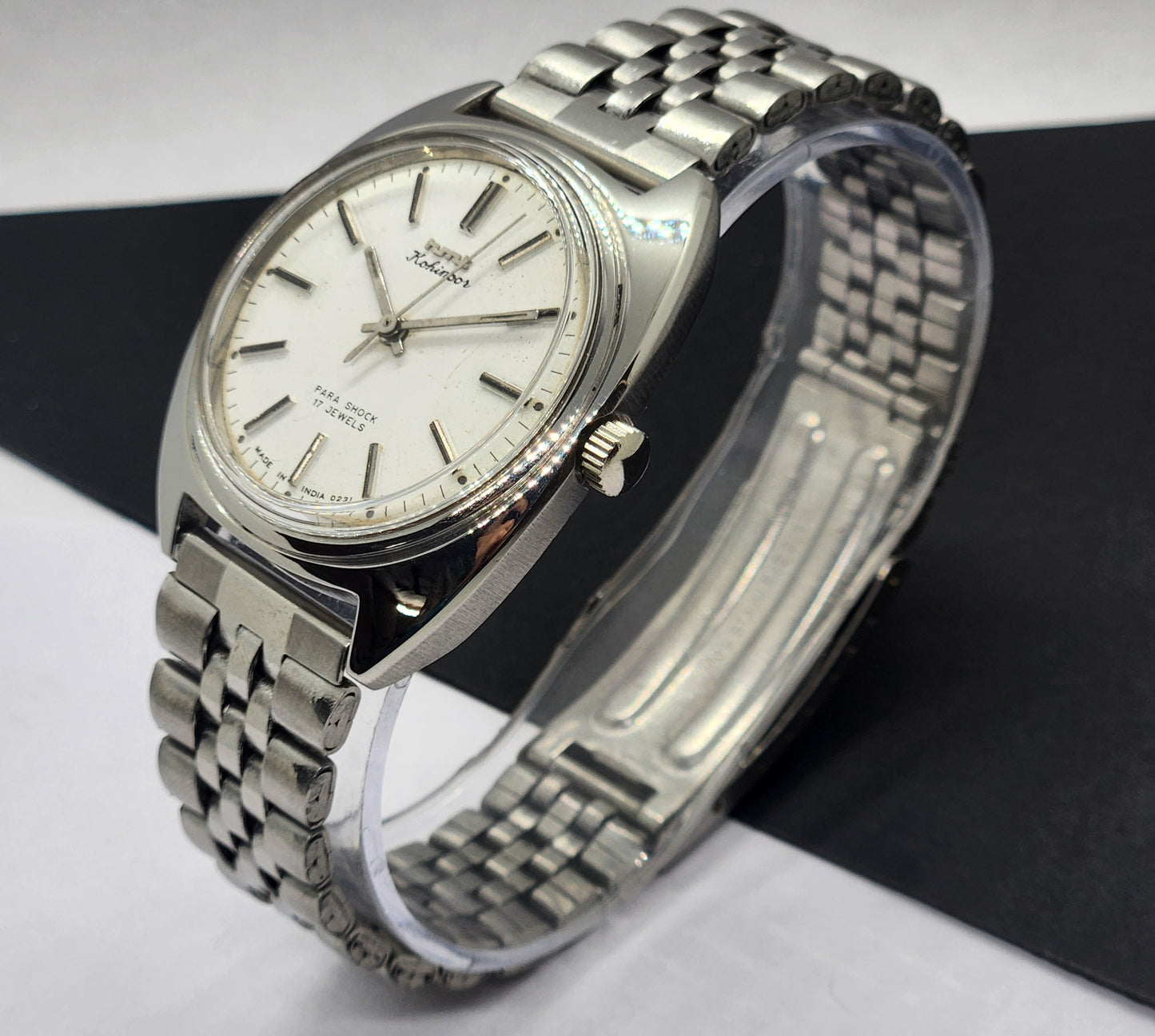 Vintage Original HMT Kohinoor Hand Winding 17 Jewels White Face Silver Bracelet Men's Wrist Watch F11