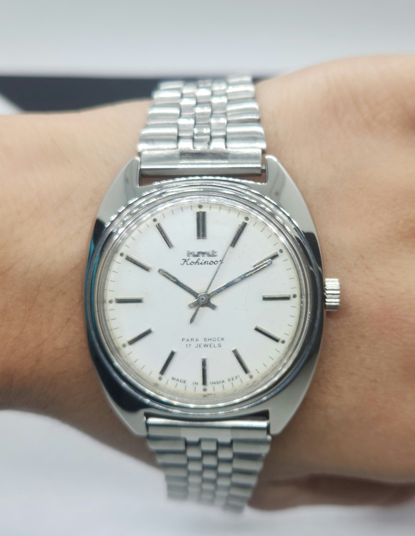 Vintage Original HMT Kohinoor Hand Winding 17 Jewels White Face Silver Bracelet Men's Wrist Watch F11