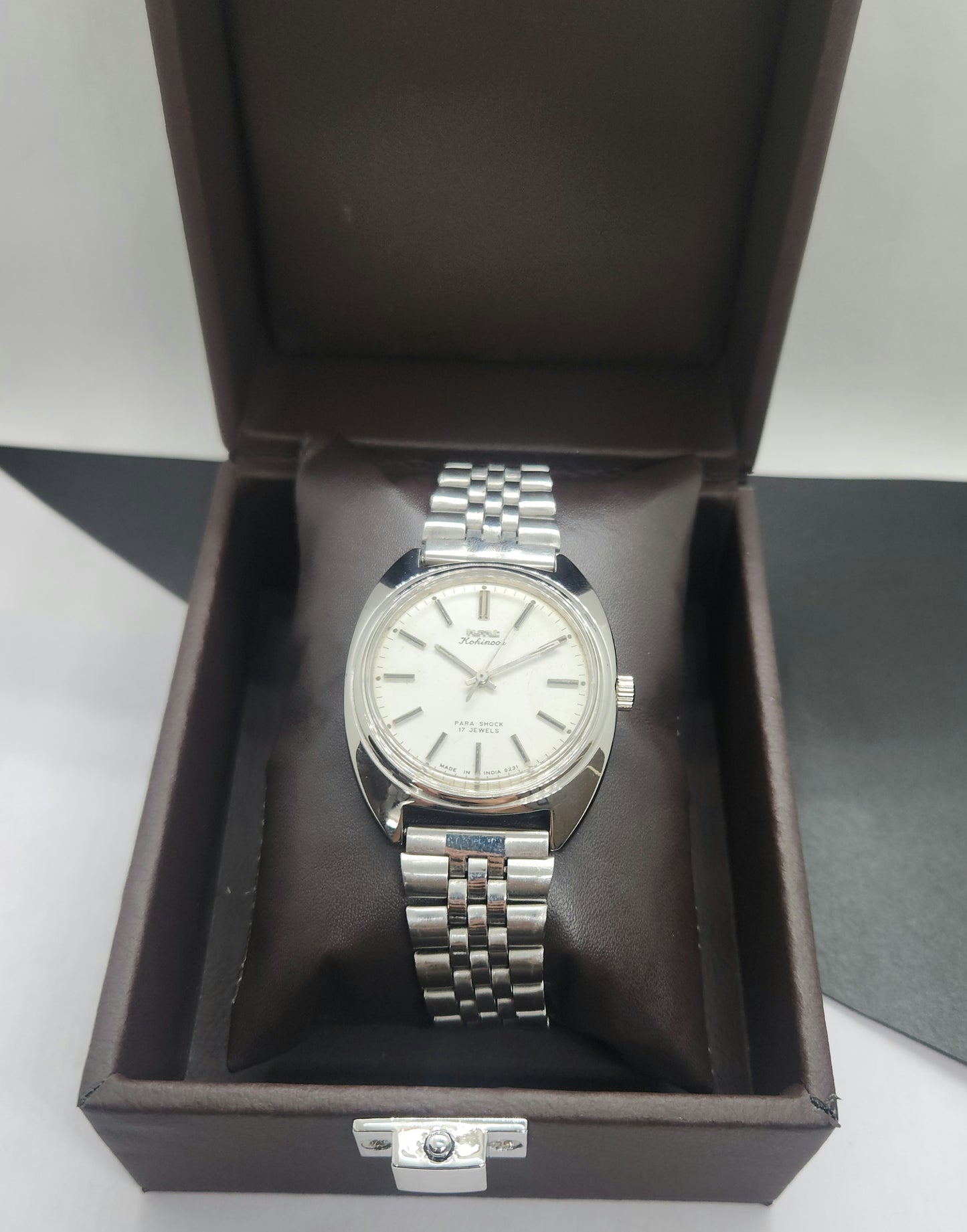 Vintage Original HMT Kohinoor Hand Winding 17 Jewels White Face Silver Bracelet Men's Wrist Watch F11