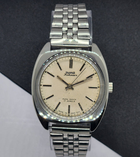 Vintage Original HMT Kohinoor Hand Winding 17 Jewels White Face Silver Bracelet Men's Wrist Watch F12