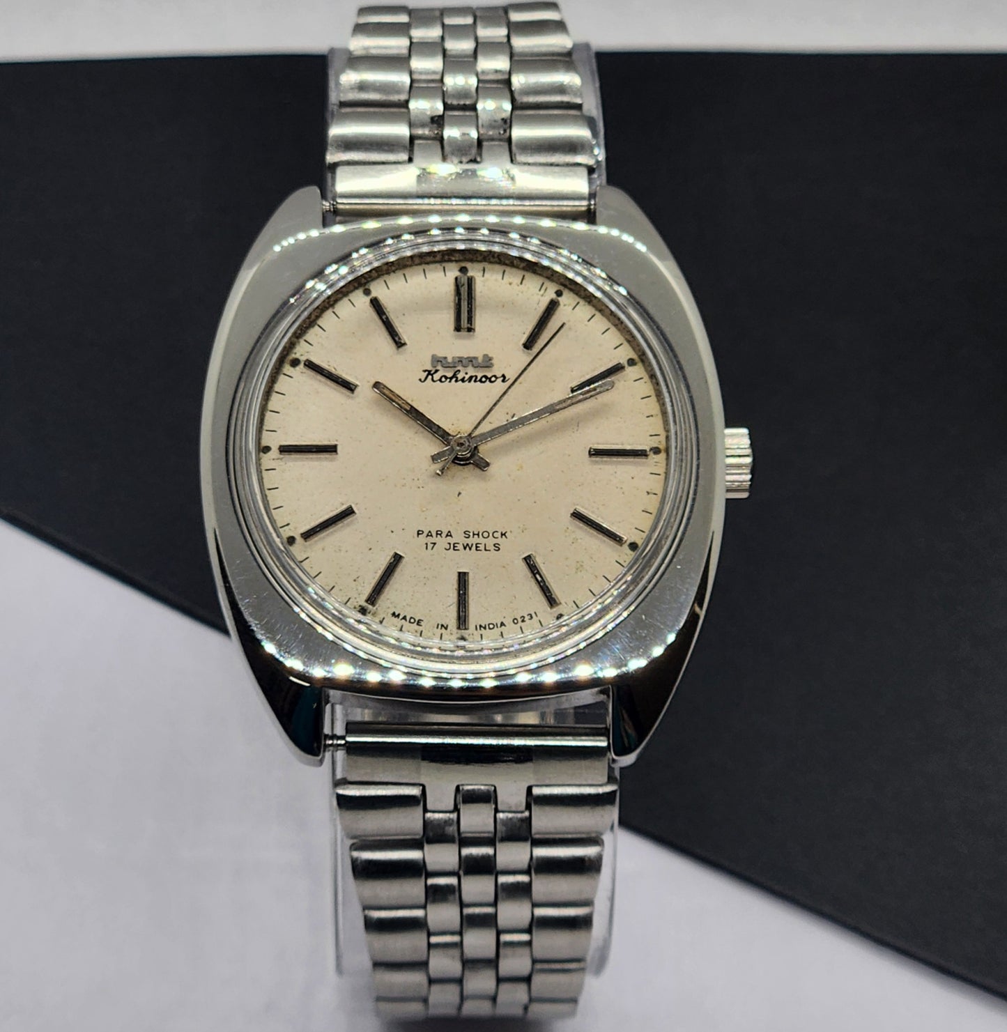 Vintage Original HMT Kohinoor Hand Winding 17 Jewels White Face Silver Bracelet Men's Wrist Watch F12
