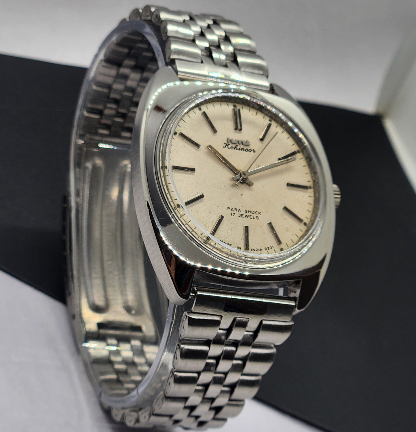 Vintage Original HMT Kohinoor Hand Winding 17 Jewels White Face Silver Bracelet Men's Wrist Watch F12
