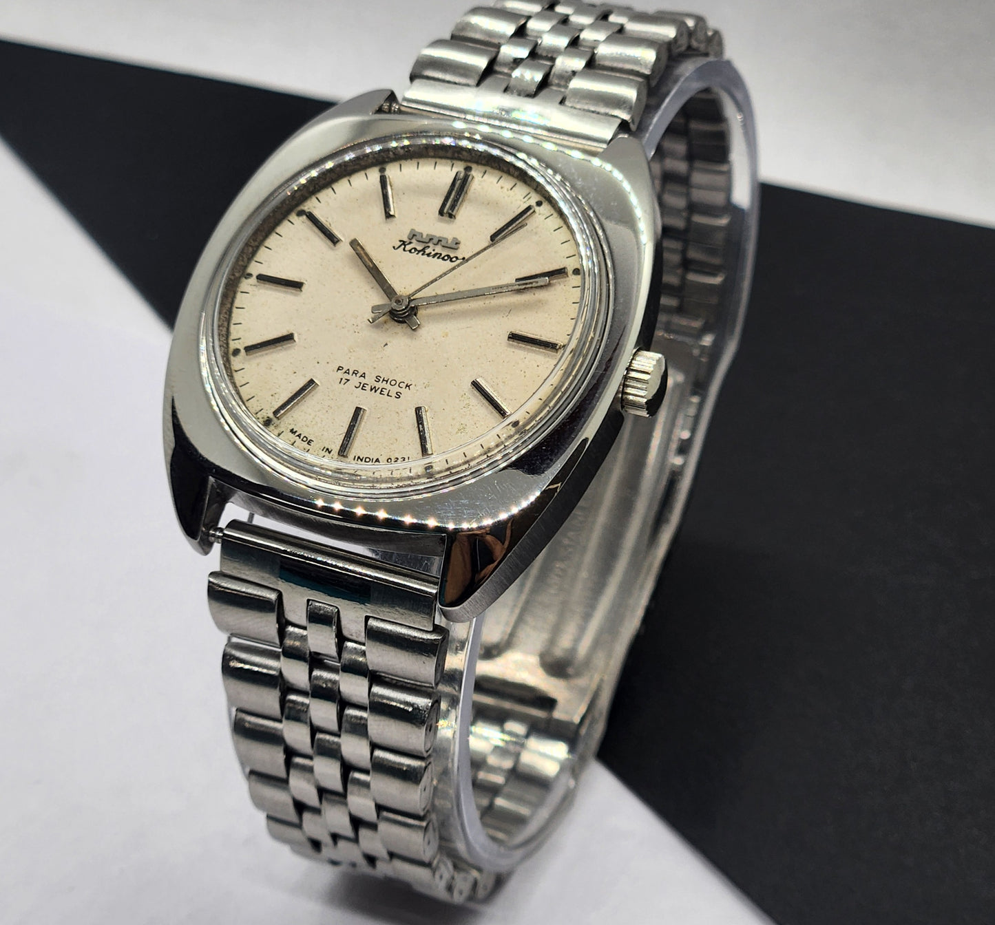 Vintage Original HMT Kohinoor Hand Winding 17 Jewels White Face Silver Bracelet Men's Wrist Watch F12