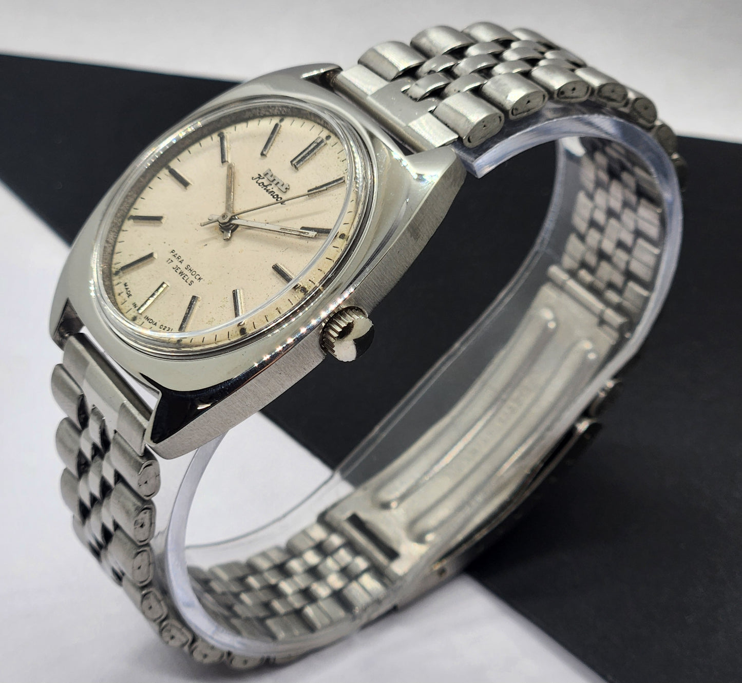 Vintage Original HMT Kohinoor Hand Winding 17 Jewels White Face Silver Bracelet Men's Wrist Watch F12