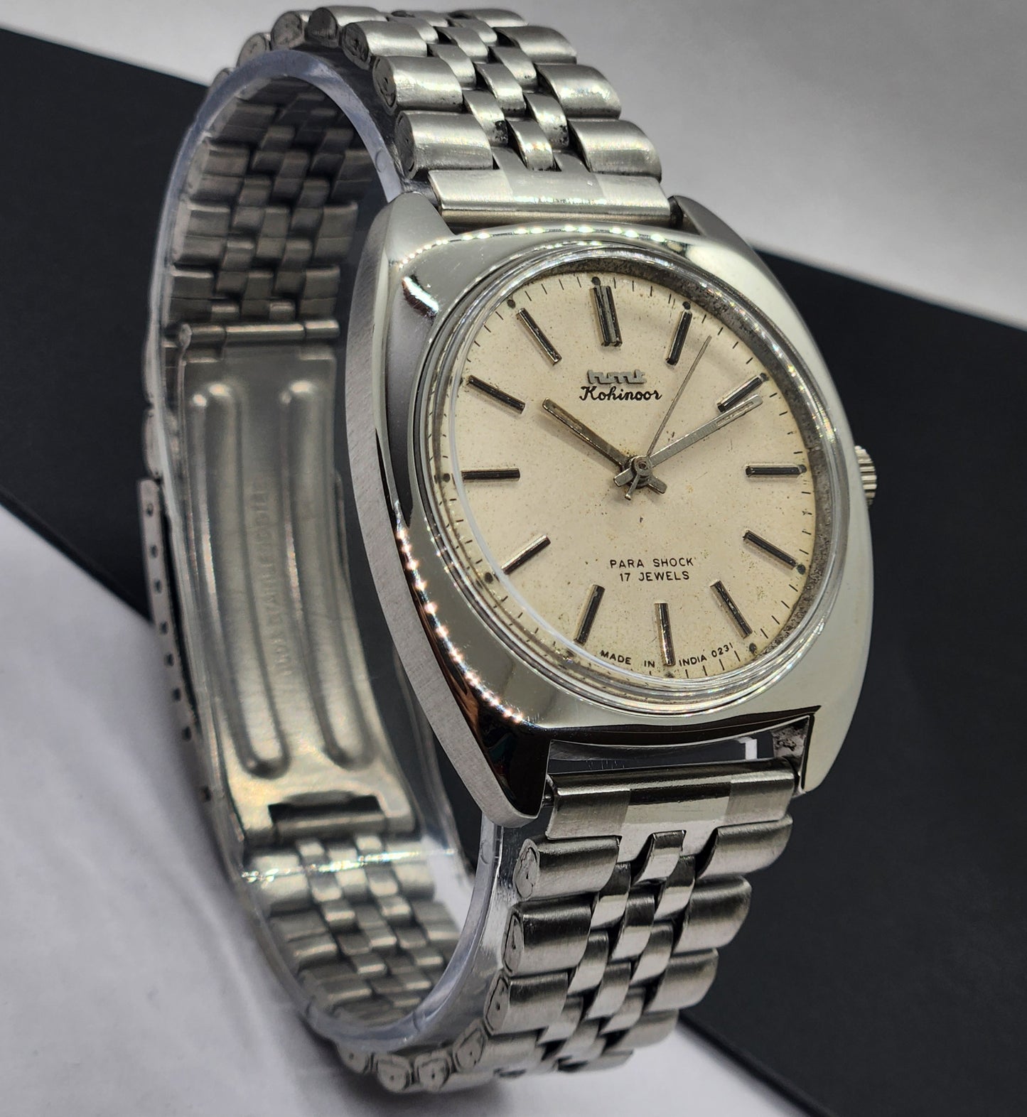 Vintage Original HMT Kohinoor Hand Winding 17 Jewels White Face Silver Bracelet Men's Wrist Watch F12