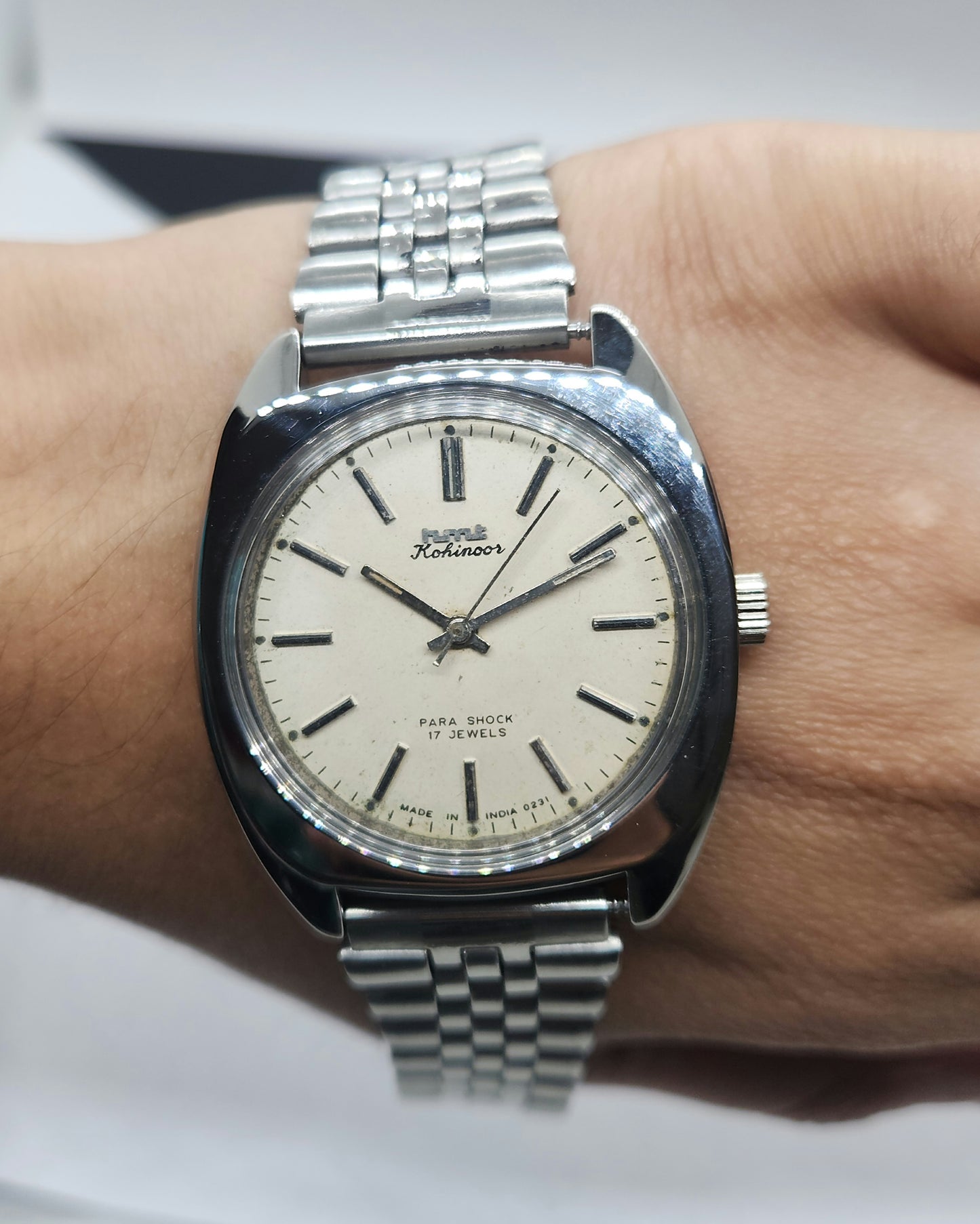 Vintage Original HMT Kohinoor Hand Winding 17 Jewels White Face Silver Bracelet Men's Wrist Watch F12