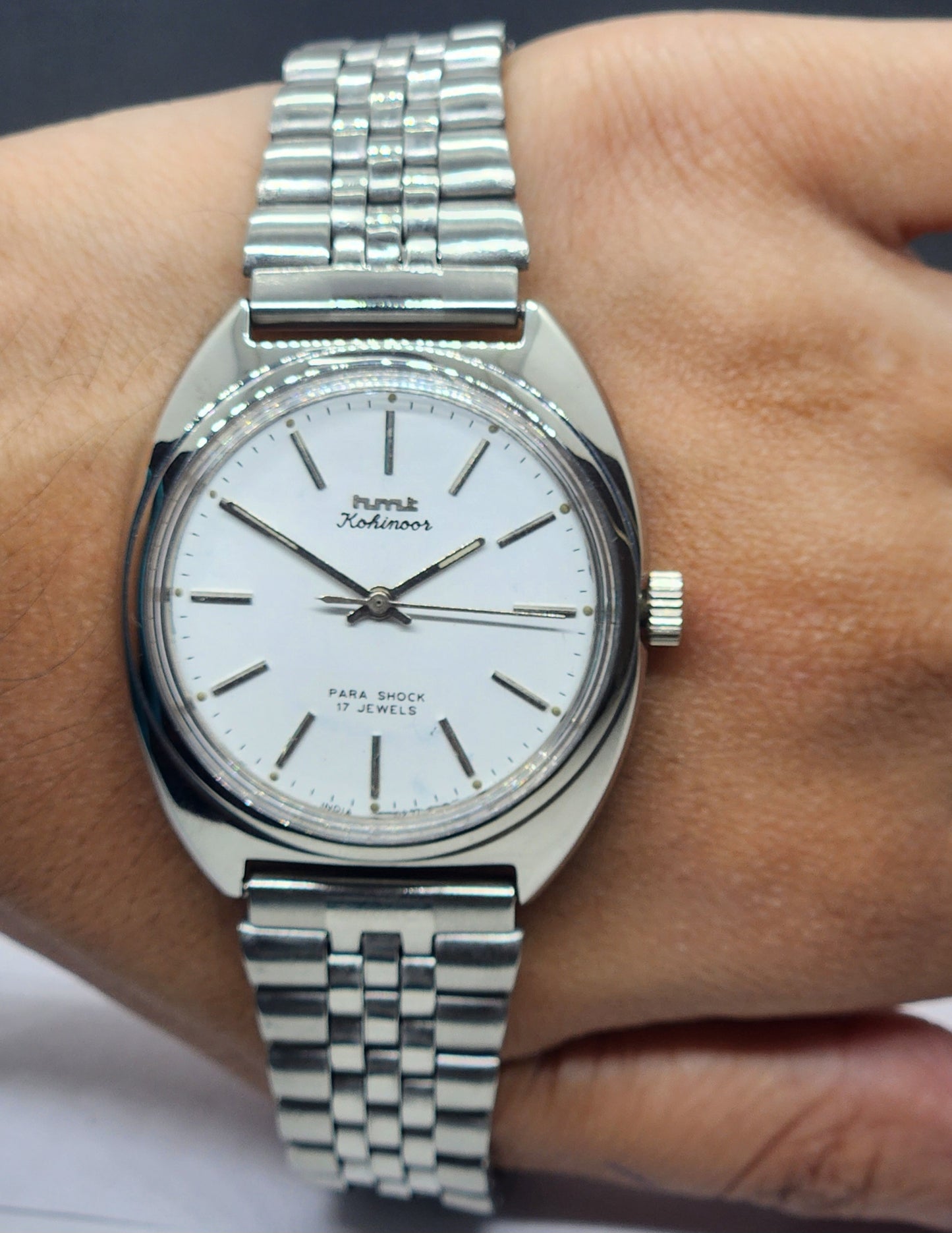 Vintage Original HMT Kohinoor Hand Winding 17 Jewels White Face Silver Jubilee Bracelet Men's Wrist Watch F13