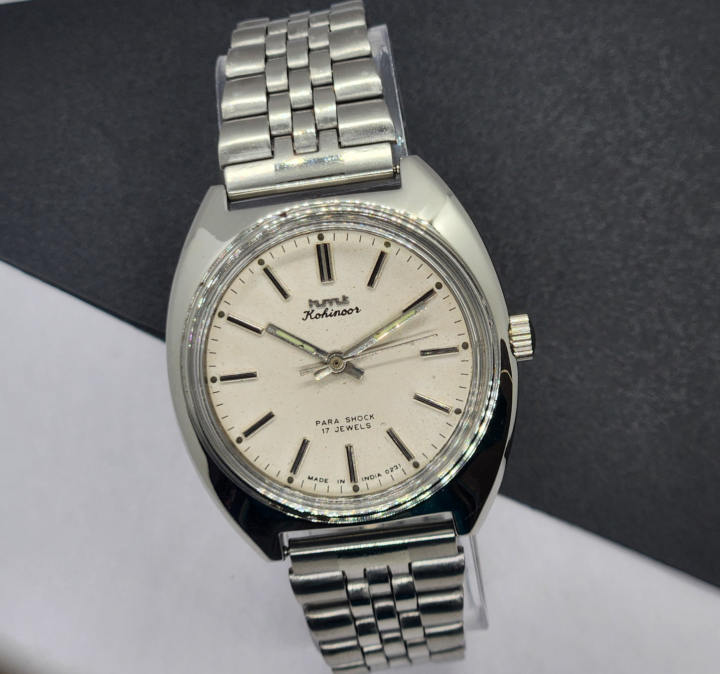 Vintage Original HMT Kohinoor Hand Winding 17 Jewels White Face Silver Bracelet Men's Wrist Watch F15