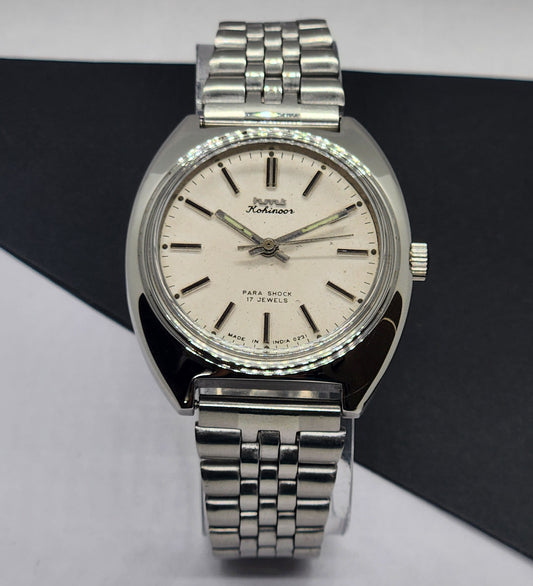 Vintage Original HMT Kohinoor Hand Winding 17 Jewels White Face Silver Bracelet Men's Wrist Watch F15