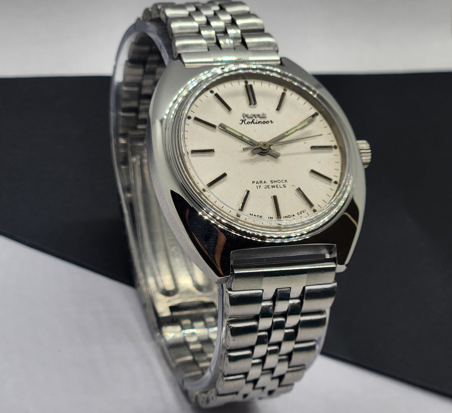 Vintage Original HMT Kohinoor Hand Winding 17 Jewels White Face Silver Bracelet Men's Wrist Watch F15