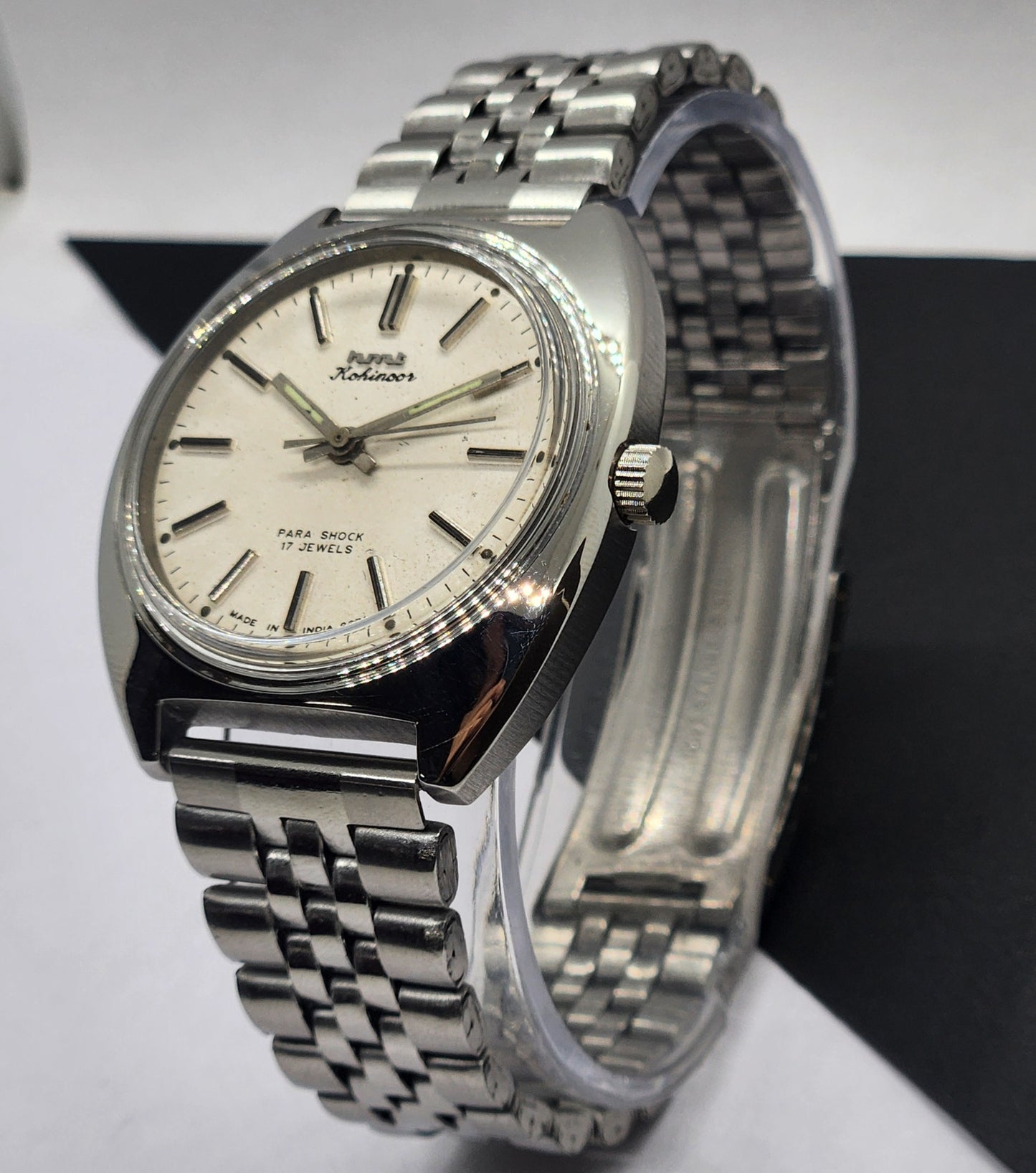 Vintage Original HMT Kohinoor Hand Winding 17 Jewels White Face Silver Bracelet Men's Wrist Watch F15