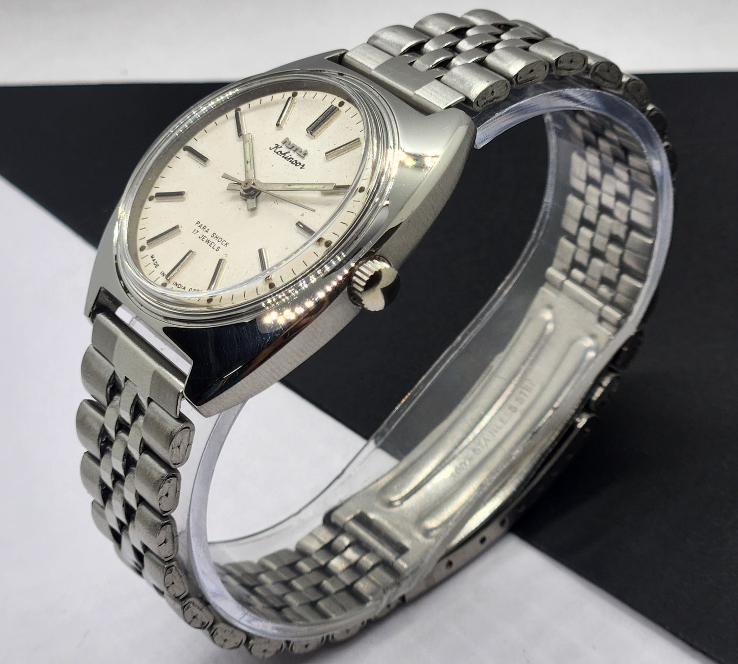 Vintage Original HMT Kohinoor Hand Winding 17 Jewels White Face Silver Bracelet Men's Wrist Watch F15