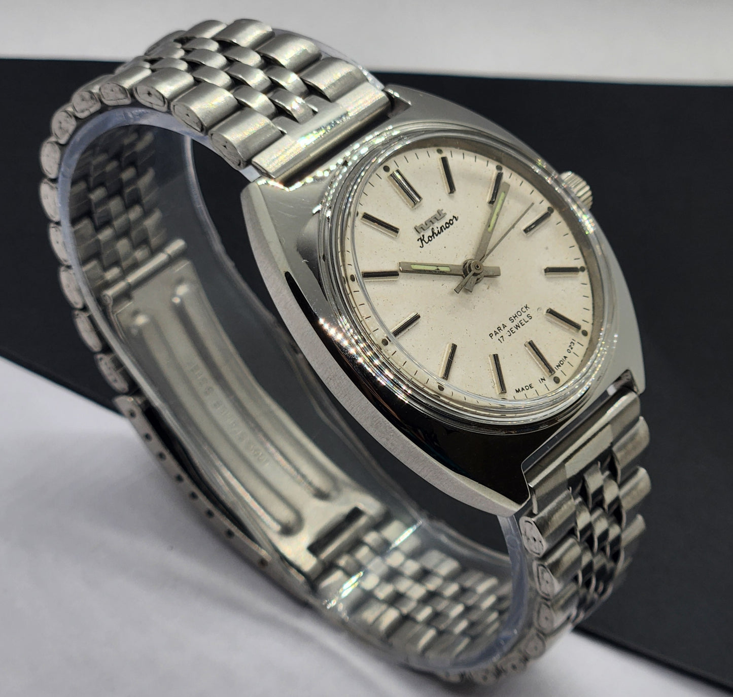 Vintage Original HMT Kohinoor Hand Winding 17 Jewels White Face Silver Bracelet Men's Wrist Watch F15