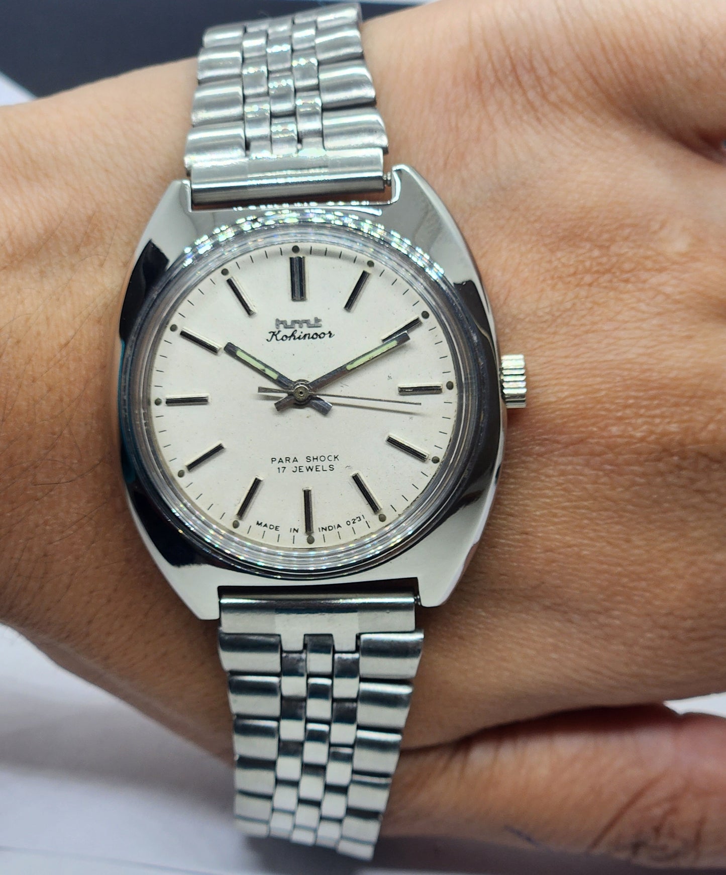 Vintage Original HMT Kohinoor Hand Winding 17 Jewels White Face Silver Bracelet Men's Wrist Watch F15