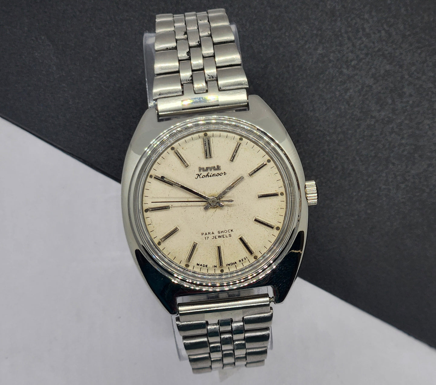 Vintage Original HMT Kohinoor Hand Winding 17 Jewels White Face Silver Bracelet Men's Wrist Watch F16