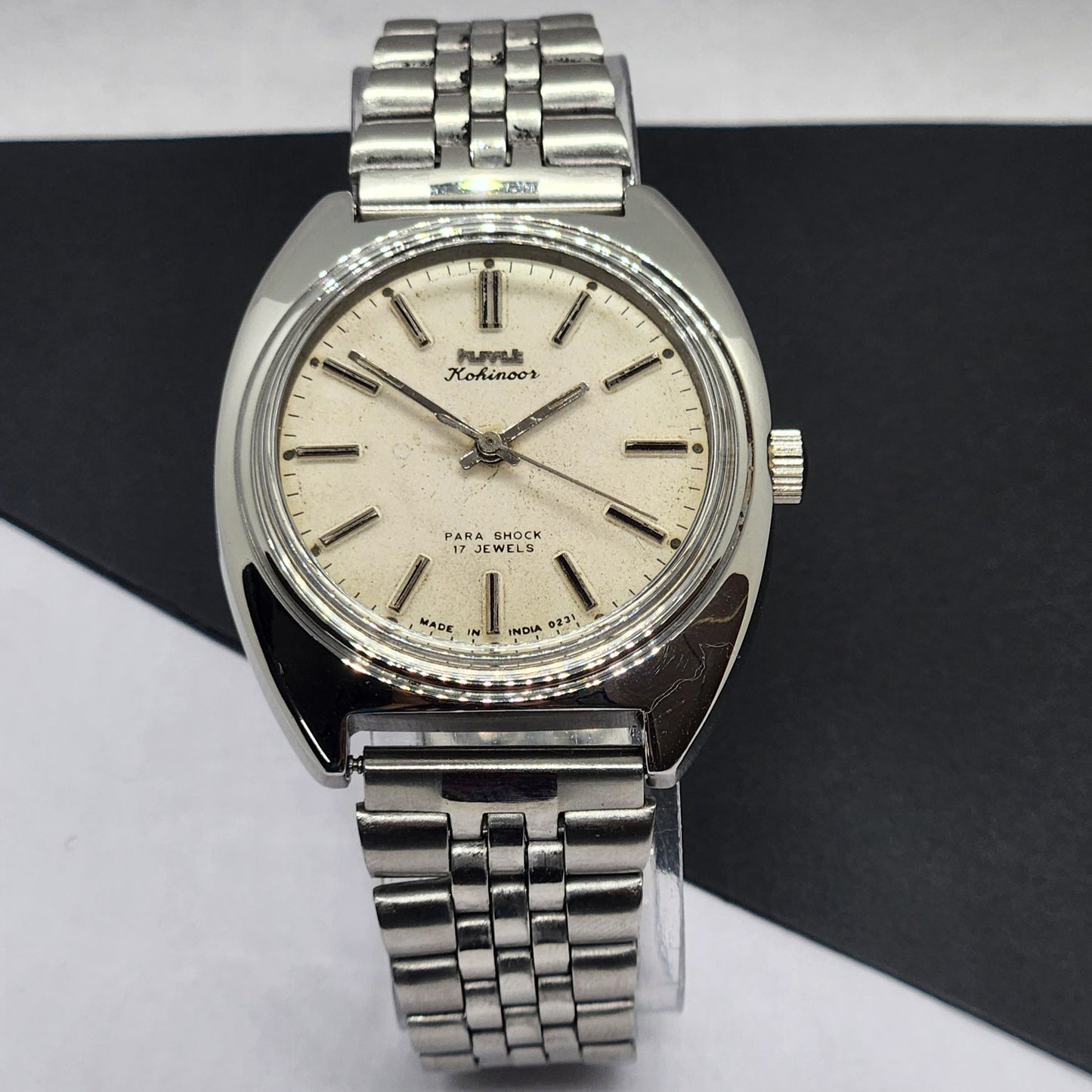 Vintage Original HMT Kohinoor Hand Winding 17 Jewels White Face Silver Bracelet Men's Wrist Watch F16