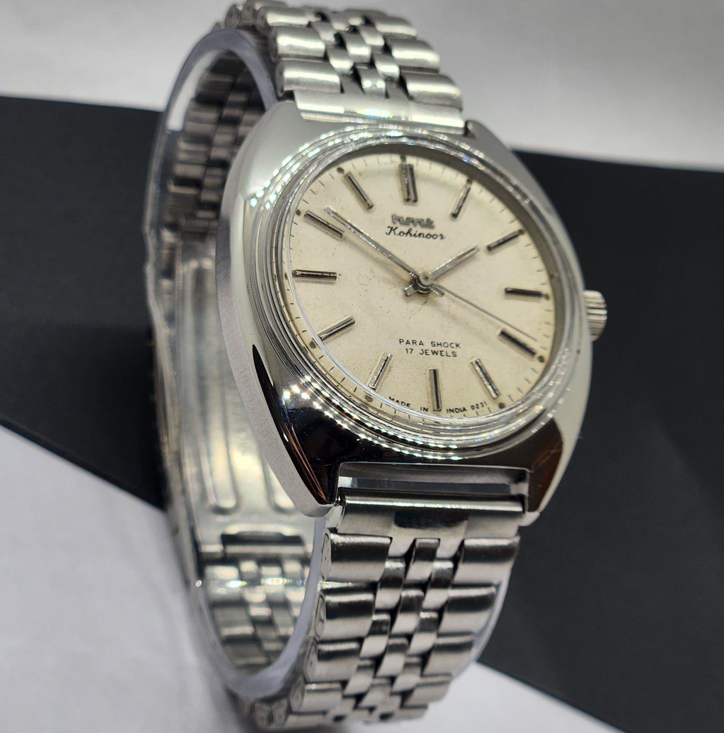 Vintage Original HMT Kohinoor Hand Winding 17 Jewels White Face Silver Bracelet Men's Wrist Watch F16