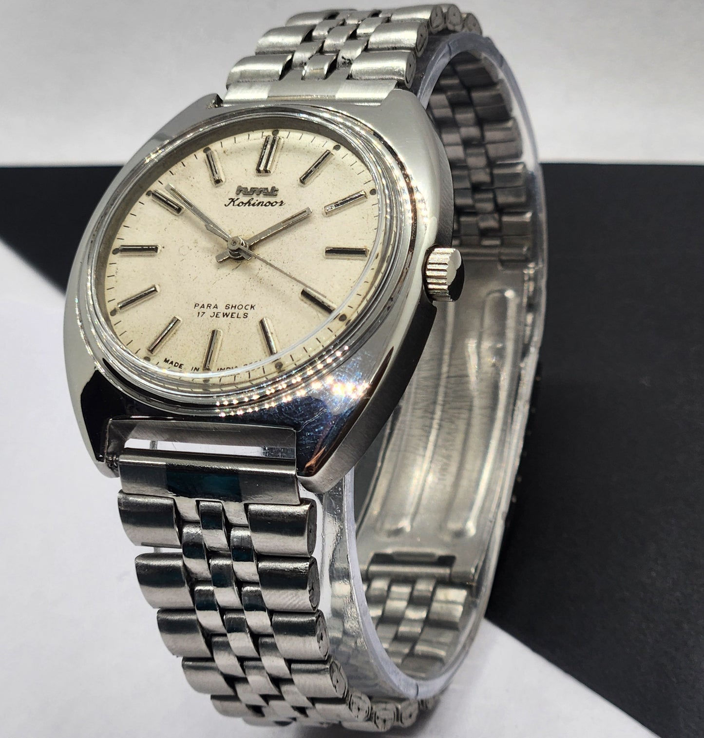 Vintage Original HMT Kohinoor Hand Winding 17 Jewels White Face Silver Bracelet Men's Wrist Watch F16