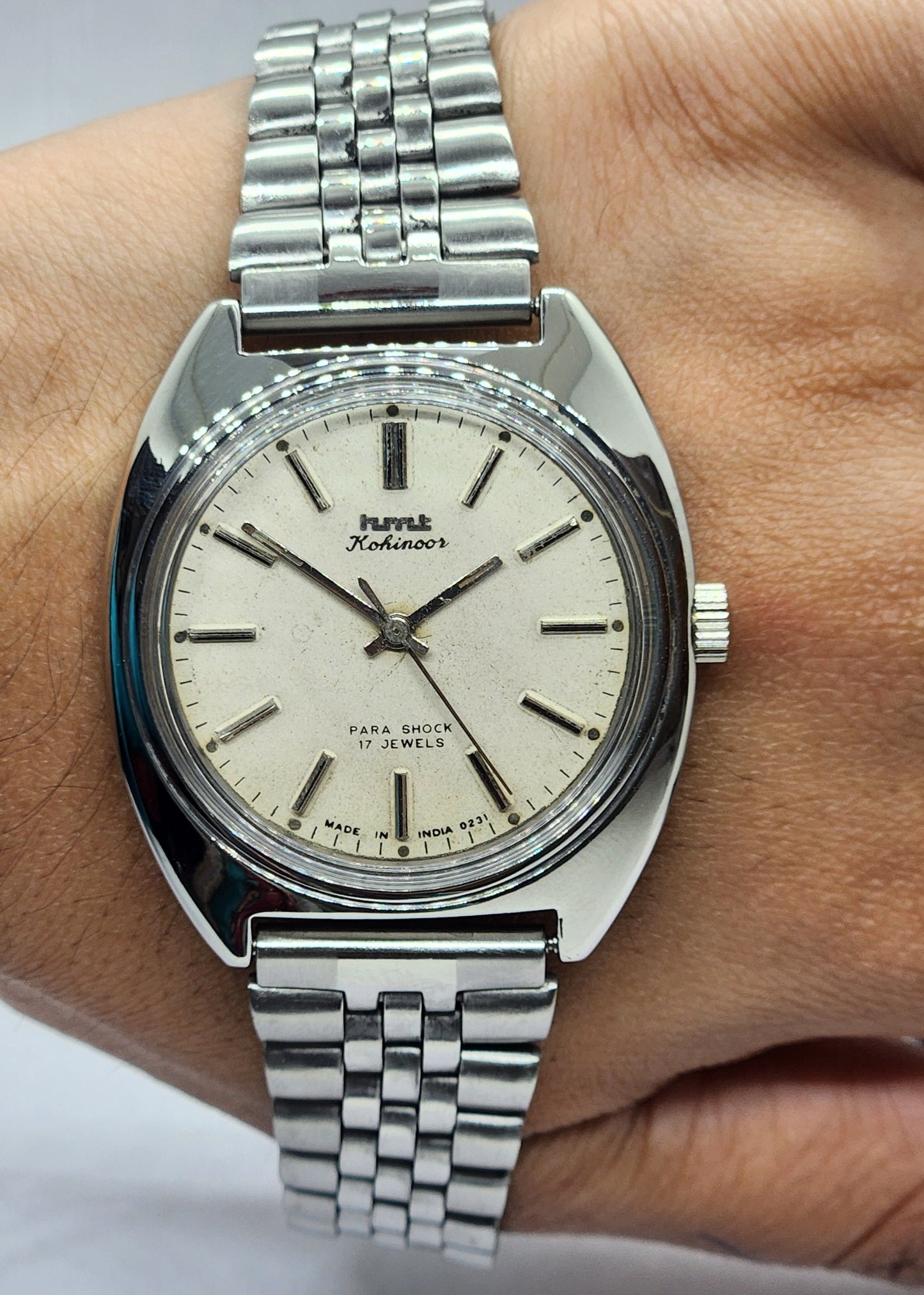Vintage Original HMT Kohinoor Hand Winding 17 Jewels White Face Silver Bracelet Men's Wrist Watch F16