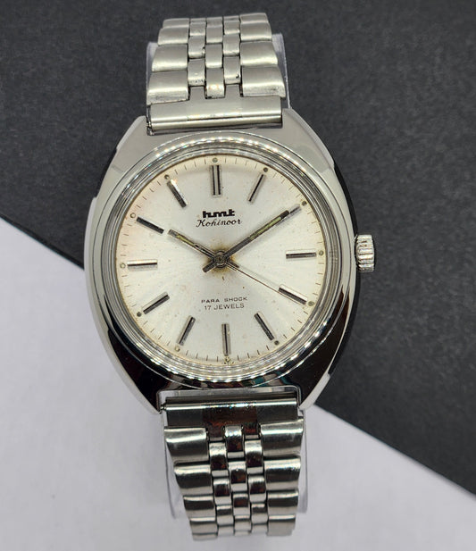 Vintage Original HMT Kohinoor Hand Winding 17 Jewels White Face Silver Bracelet Men's Wrist Watch F17