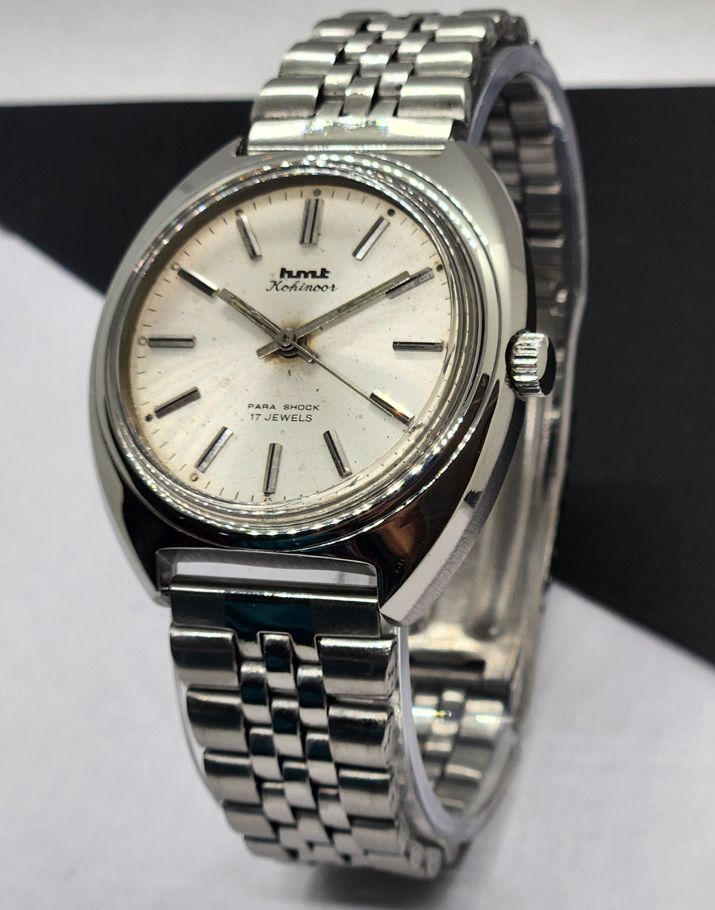Vintage Original HMT Kohinoor Hand Winding 17 Jewels White Face Silver Bracelet Men's Wrist Watch F17